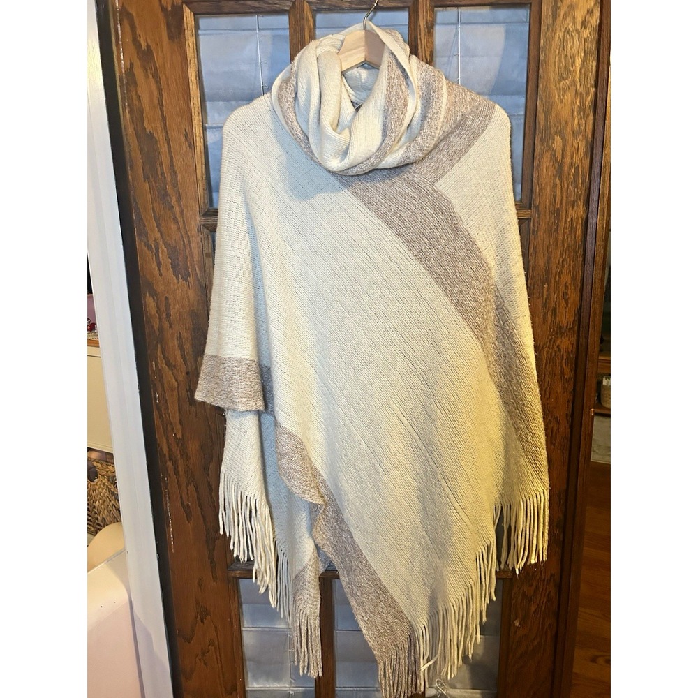 Anthropologie Poncho Sweater Cowl Neck Fringe Hem Ivory Beige Shimmer